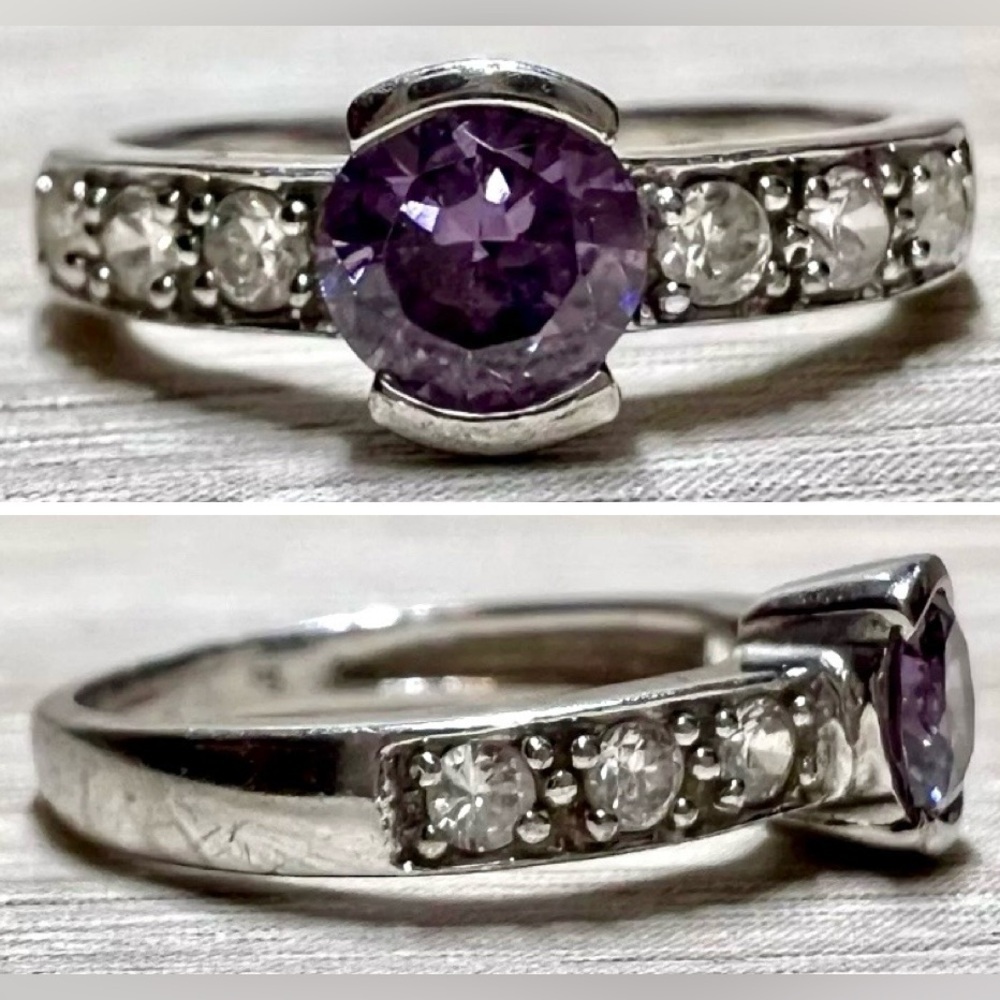 Vintage Sterling Silver Tension Set Amethyst & Cubic Zirconia Ring, Size 5